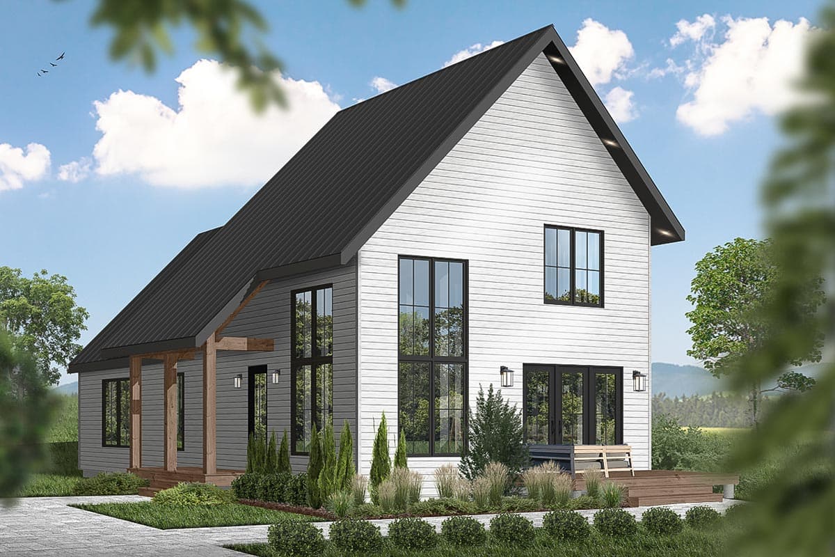 House plan exterior. Two-story Modern Farmhouse with a gable roof, covered porch with exposed beams, and large windows.
