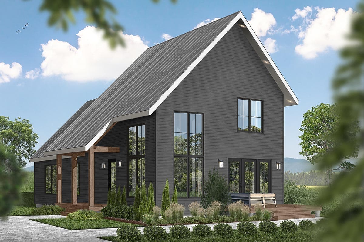 House plan exterior of a two-story modern home with a gable roof, large windows, and a covered porch supported by wooden beams.