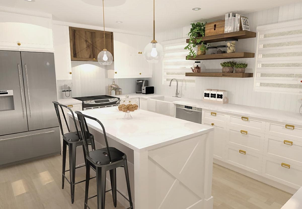Kitchen with island, stainless steel appliances, white cabinetry, wood accents, and pendant lighting.