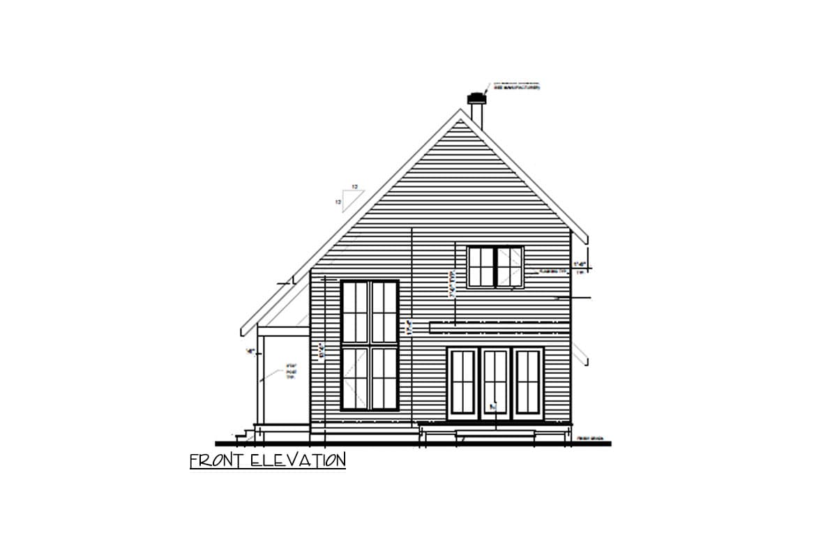 Front elevation drawing of a two-story house with a gable roof, chimney, and various window arrangements.