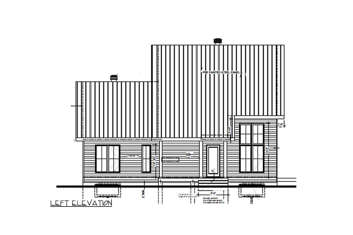Left elevation house plan drawing showing a two-story structure with vertical steel panel siding and horizontal siding below.