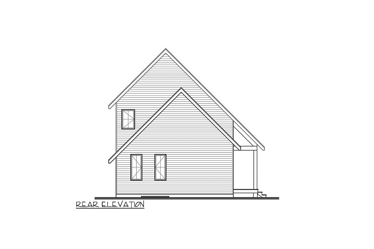 Rear elevation drawing of a two-story house with gabled rooflines, siding, and a covered porch.