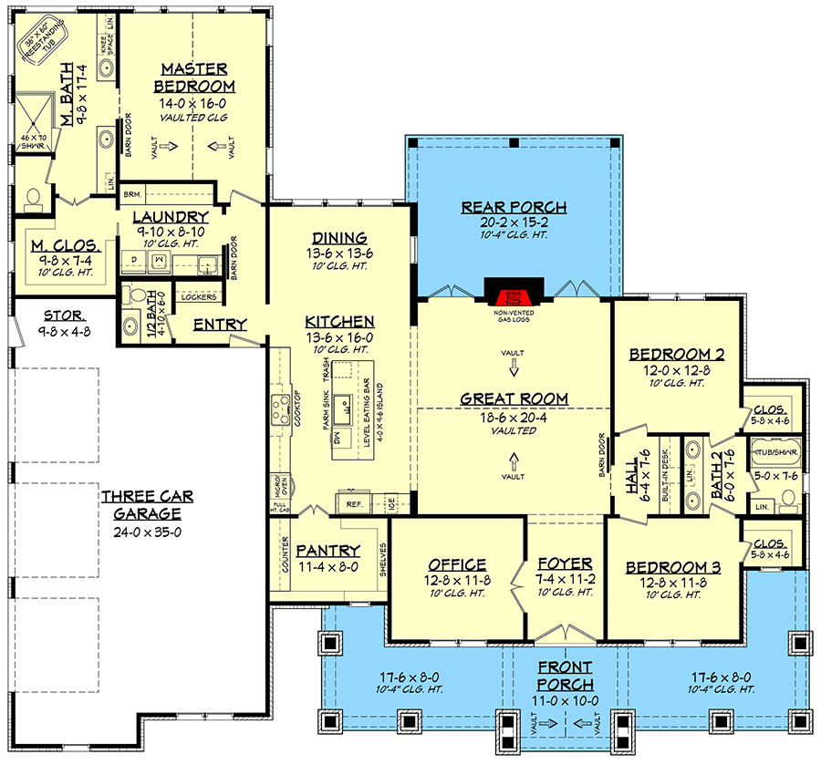 Plan 51838HZ: Split Bedroom Hill Country House Plan with Large Walk-in Pantry - 2454 Sq Ft - Floor Plan - Main Level - Hill Country, New American, Ranch, Rustic