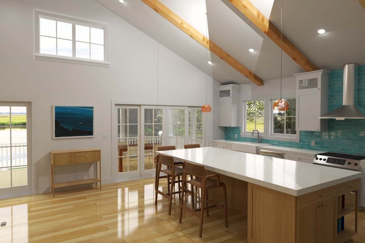 Open-concept kitchen with vaulted ceiling, wood beams, large island, and teal backsplash.