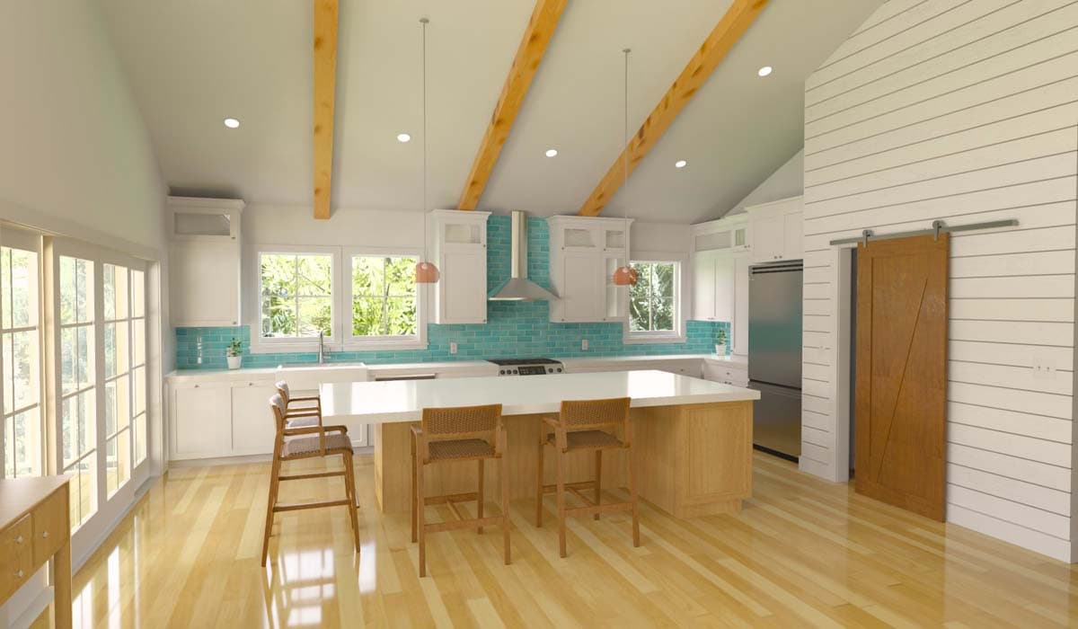 Kitchen rendering with vaulted ceiling, exposed beams, island with seating, turquoise backsplash, and barn door.