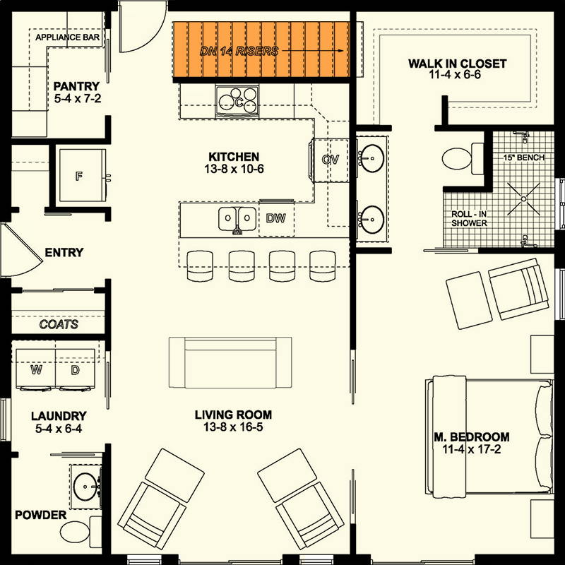 Plan 67760MG: 1-Bed Cottage with Pocket Doors Throughout - Floor Plan - Basement Stairs Location - Cottage, Country, Vacation