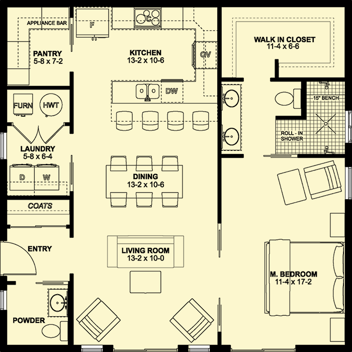 Plan 67760MG: 1-Bed Cottage with Pocket Doors Throughout - Floor Plan - Main Level - Cottage, Country, Vacation