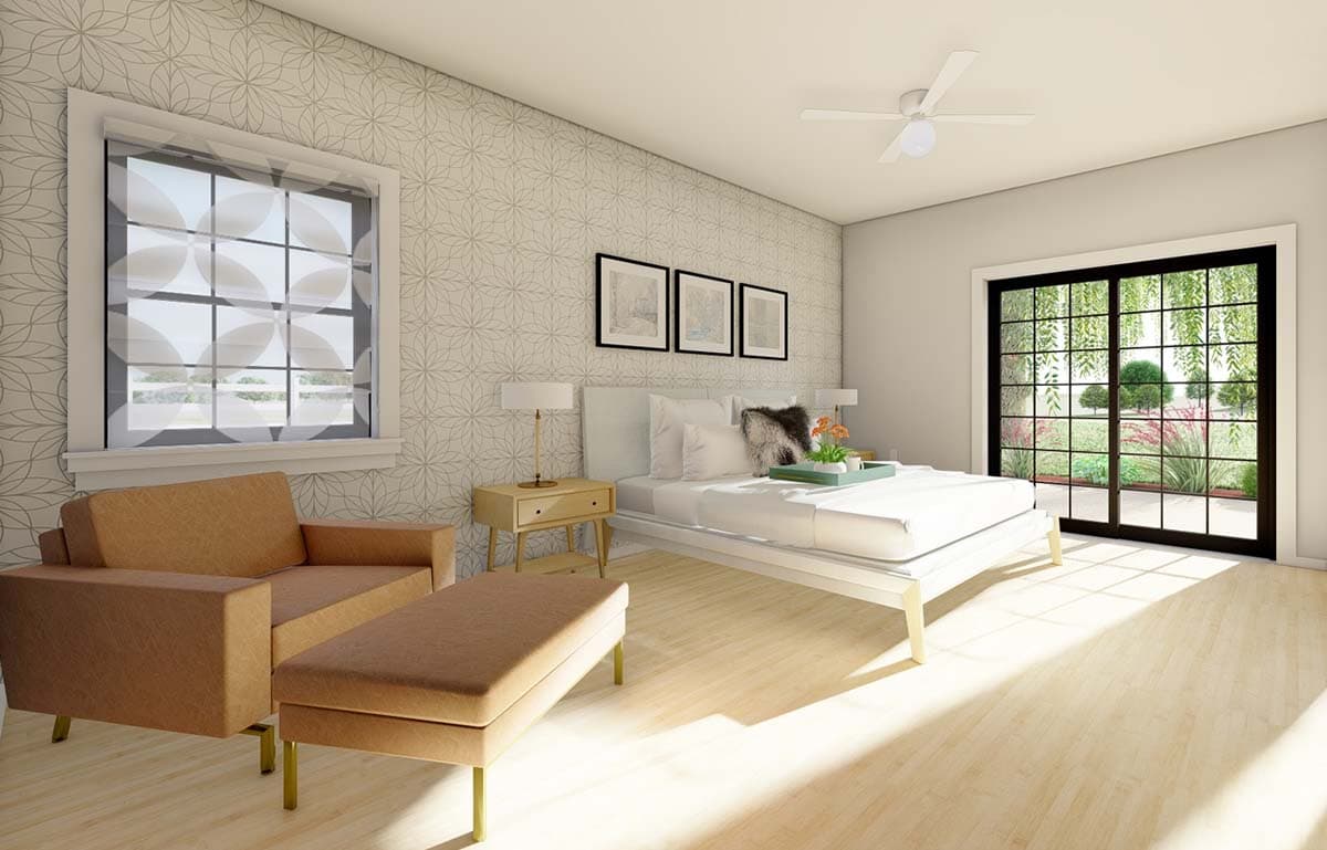 Primary bedroom rendering with bed, seating, patterned wallpaper, large window, and sliding glass door to backyard.