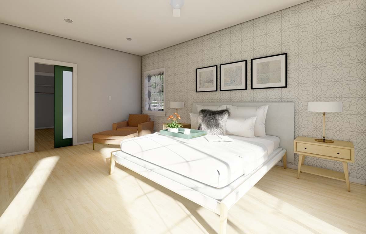 Bedroom rendering with a bed, chaise lounge, patterned wallpaper, and a sliding door to a closet.