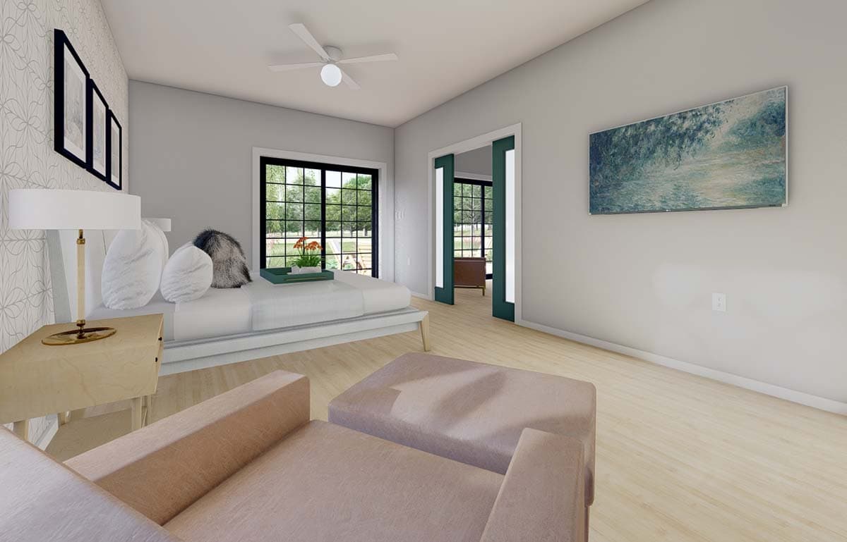 Bedroom rendering with bed, ottoman, large window, sliding doors, and ceiling fan.