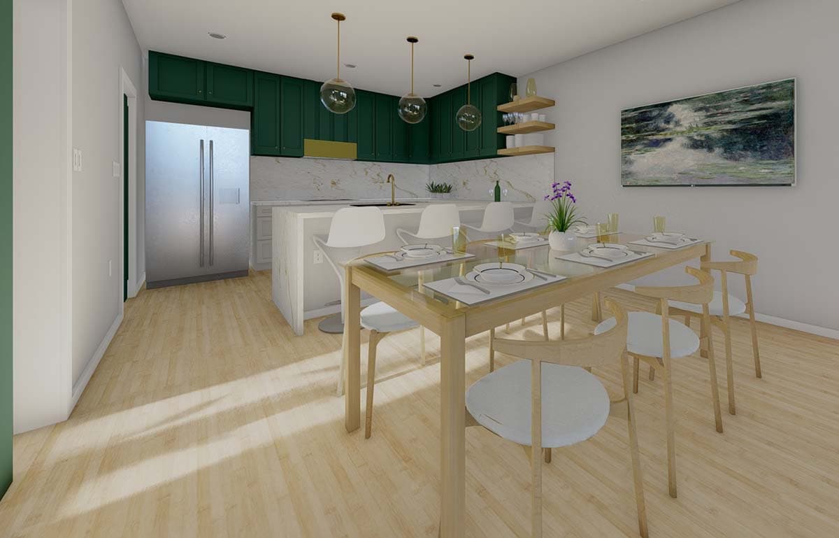 Kitchen and dining area with dark green cabinets, large stainless steel refrigerator, island with seating, and wood-toned dining set.