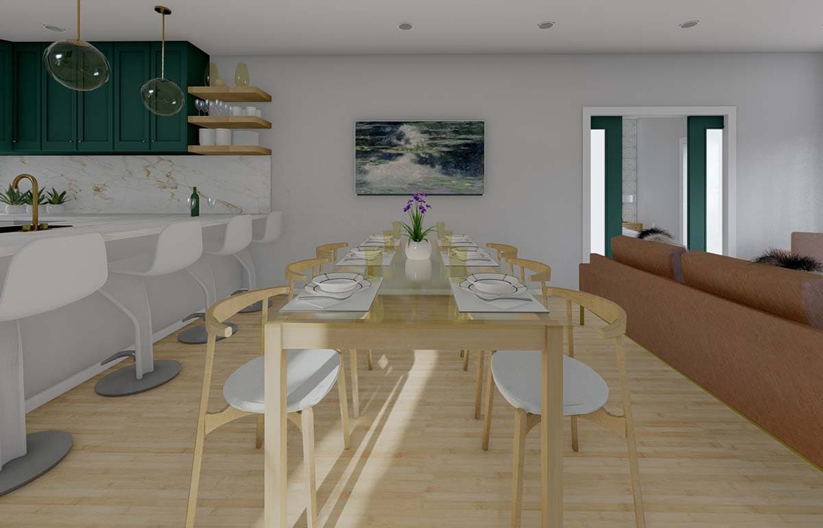 Interior rendering: dining room with table for ten, bar seating, and adjacent living area with sofa.