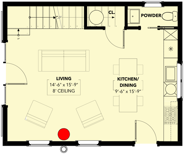 Plan 871003NST: 2-Bed Compact Barndominium House Plan - 1000 Sq Ft - Floor Plan - Main Level - Barndominium, Cottage, Country, Vacation