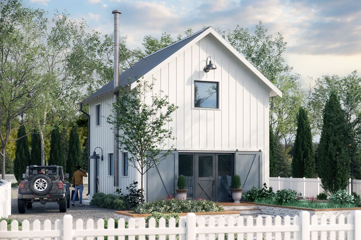 House plan exterior. Two-story barn-style house with board-and-batten siding, a gable roof, and sliding barn doors.