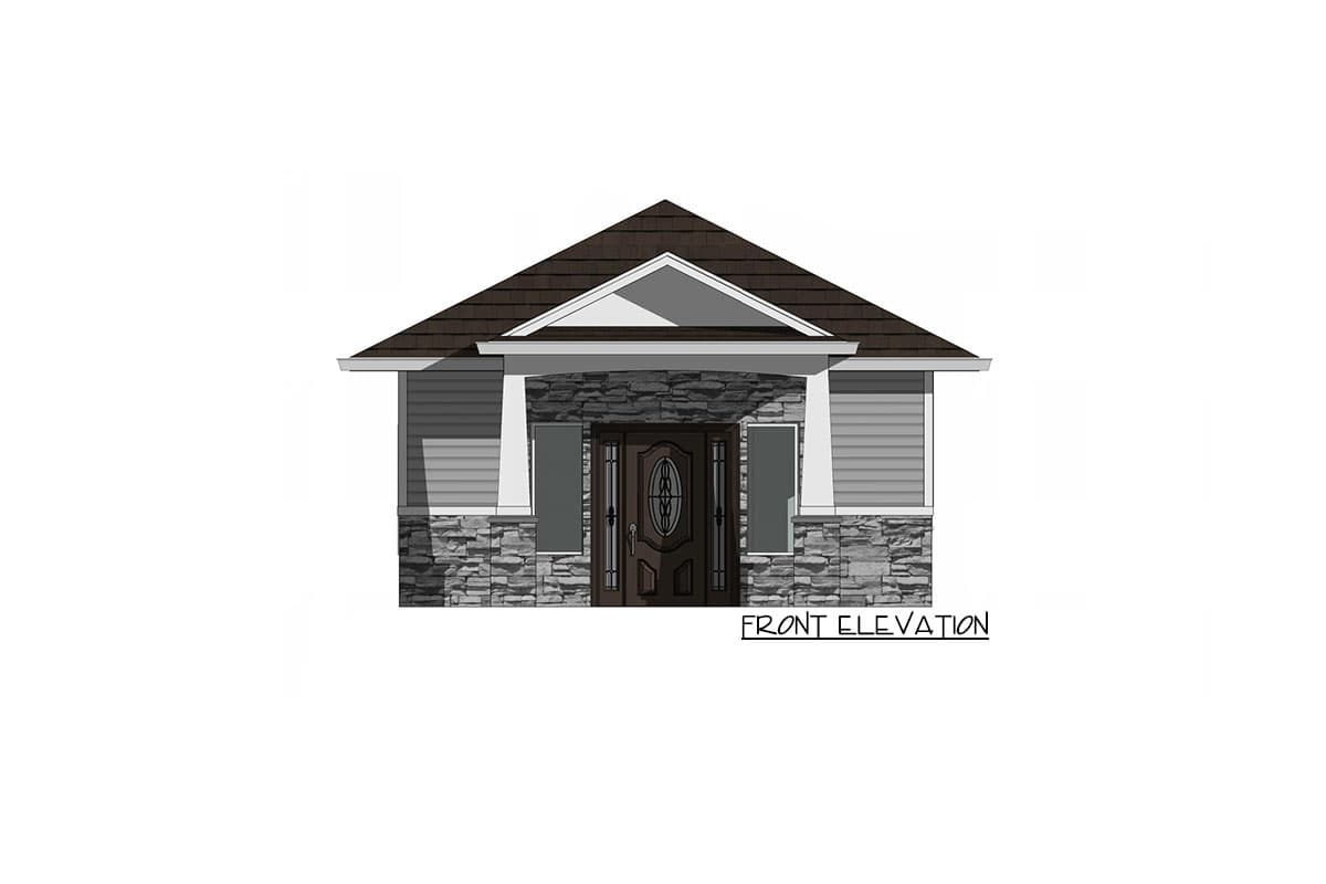 Front elevation of a single-story house plan with a covered entry, stone and siding exterior, and gable roof.