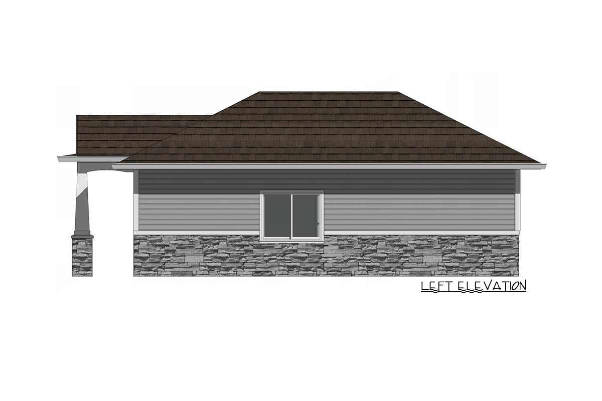 House plan left elevation with stone base, horizontal siding, window, and covered entry.