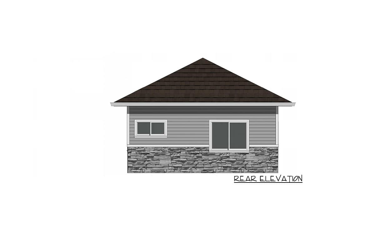 Rear elevation house plan with horizontal siding, stone veneer base, and a hip roof. Two windows are visible.