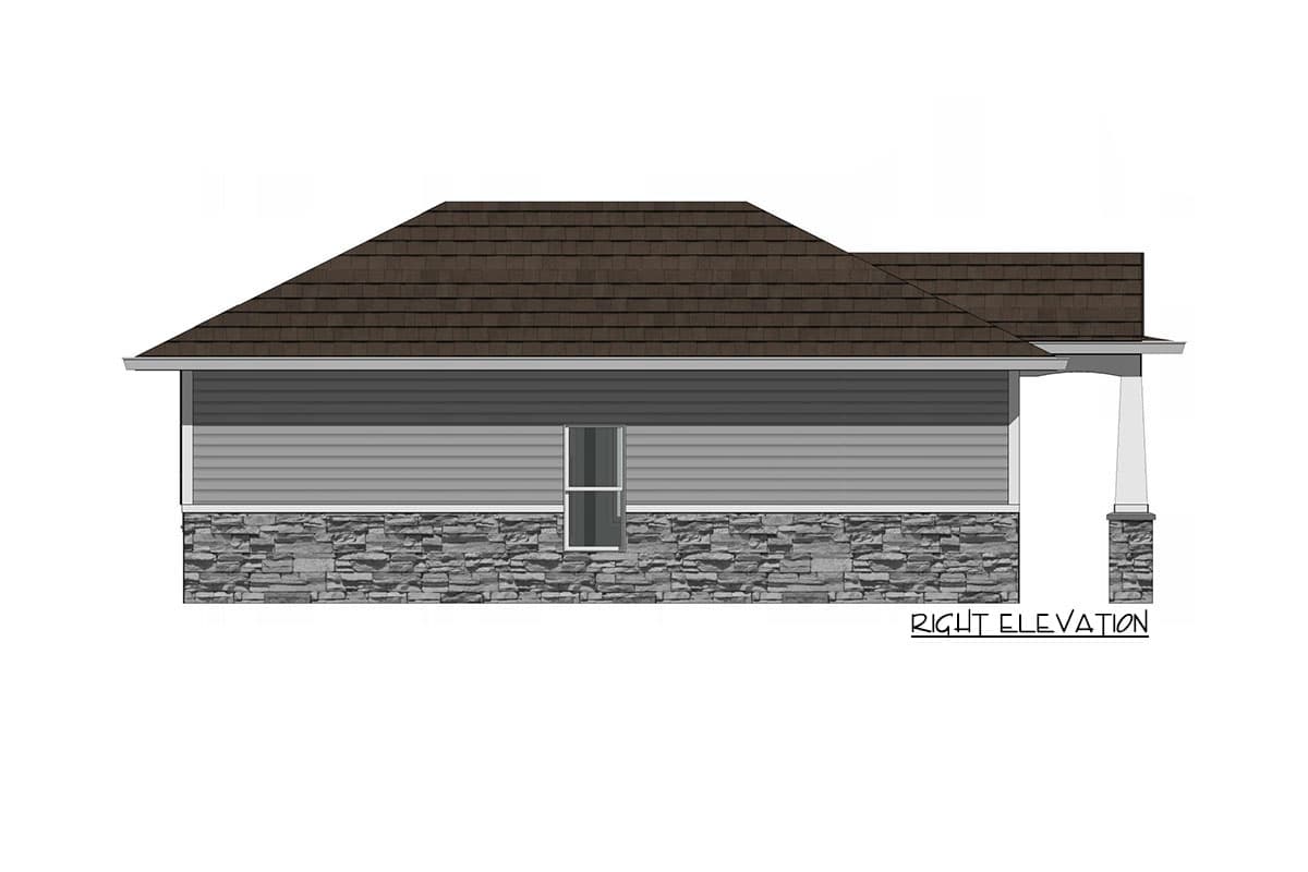 Right elevation of a house plan featuring a side-facing porch, stacked stone foundation, and horizontal siding.
