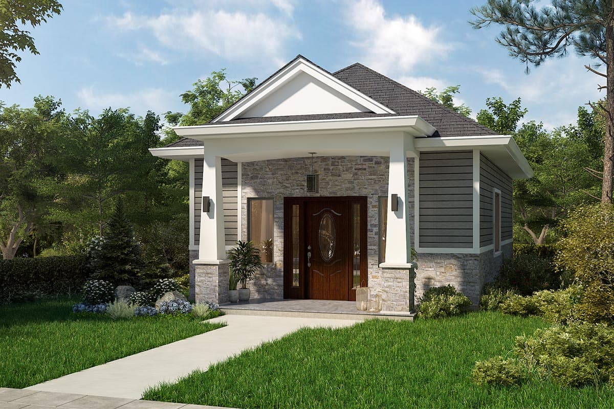 House plan exterior with stone and siding facade, covered porch with columns, gabled roof, and decorative front door. Landscaped front yard.