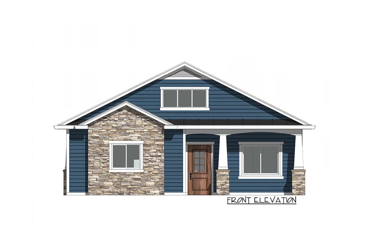 Front elevation of a one-story house plan with blue siding, stone accents, a covered porch, and a gabled roof.