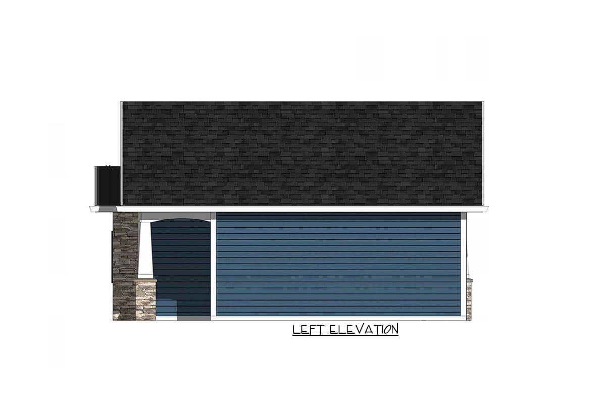 Left elevation house plan drawing shows blue siding, stone accents, and a dark asphalt shingle roof.