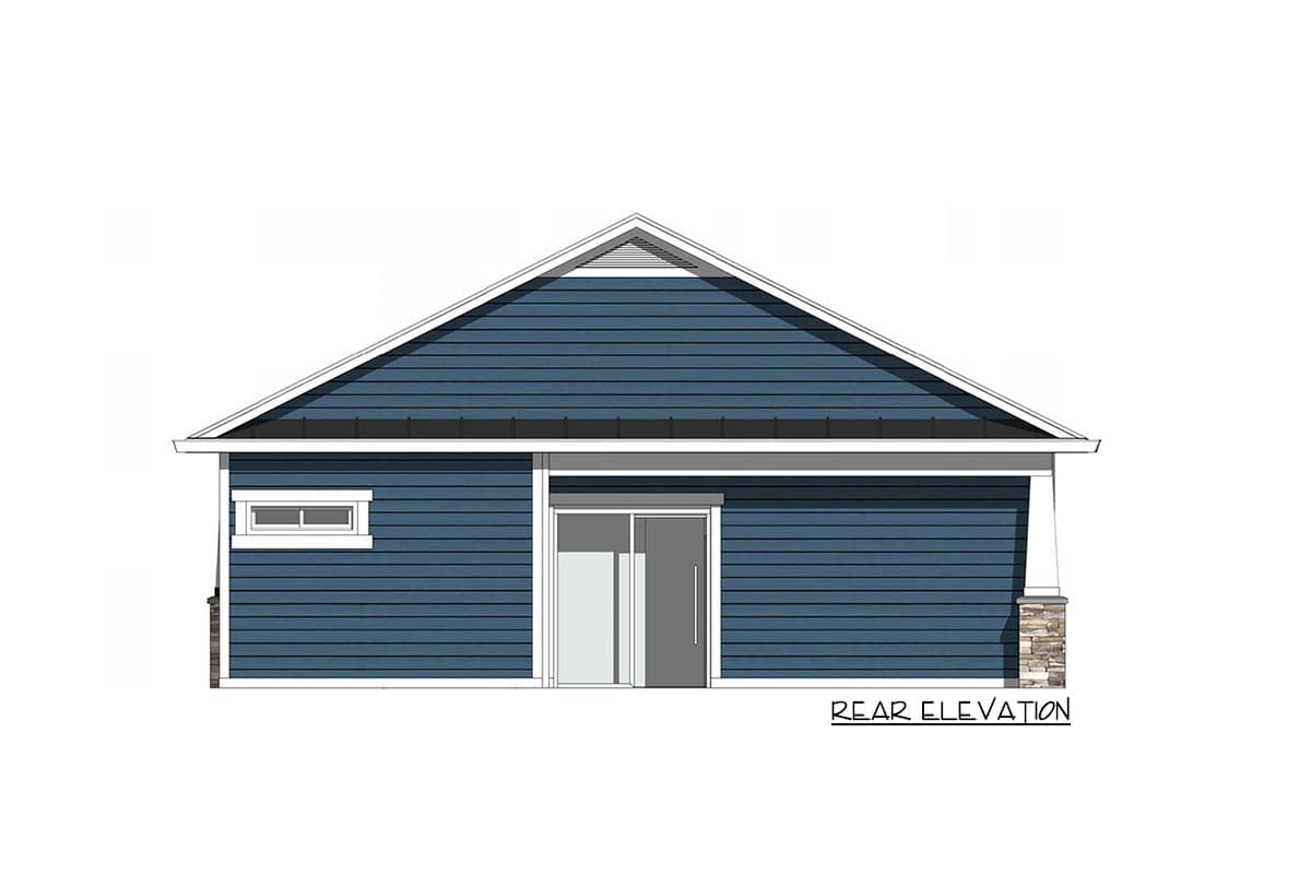 Rear elevation house plan showing blue siding, gable roof, sliding glass doors, and stone accents.