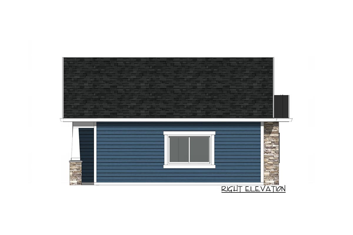 Right elevation house plan with blue siding, stone accents, one window, and a gable roof.
