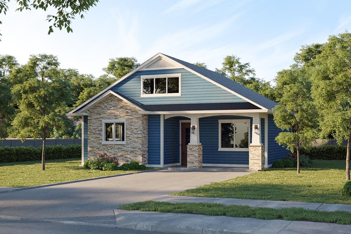 House plan exterior. One-story house with gabled roof, stone facade accent, and covered porch with columns.