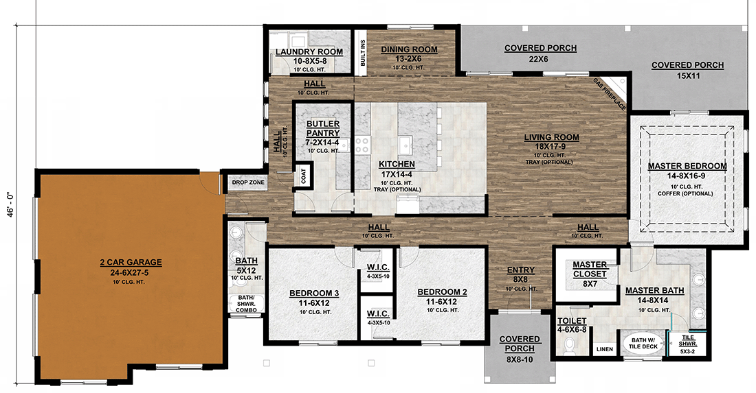 Plan 420003WNT: Craftsman Ranch House Plan with Open-Concept Living Space - Floor Plan - 2-Car Side Garage Option - Craftsman, Mountain, Ranch