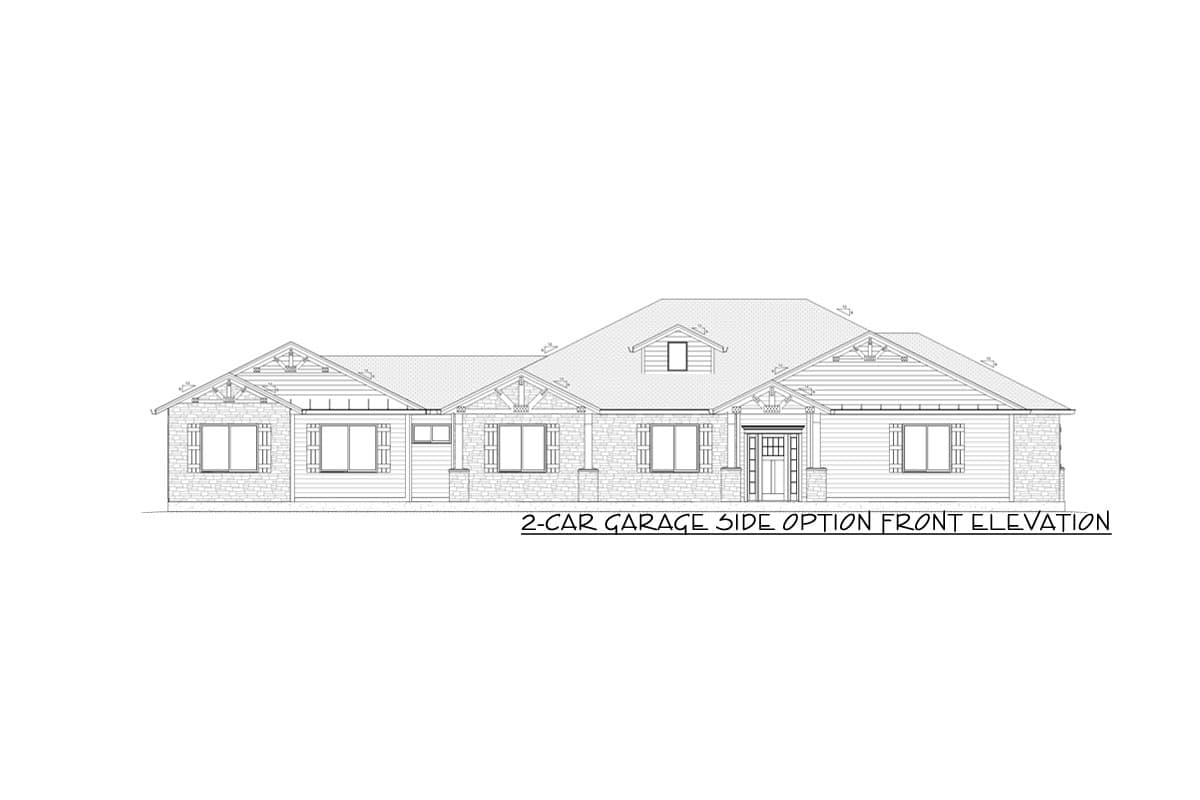 Front elevation drawing of a one-story house plan with gables, stone accents, and a covered entry.