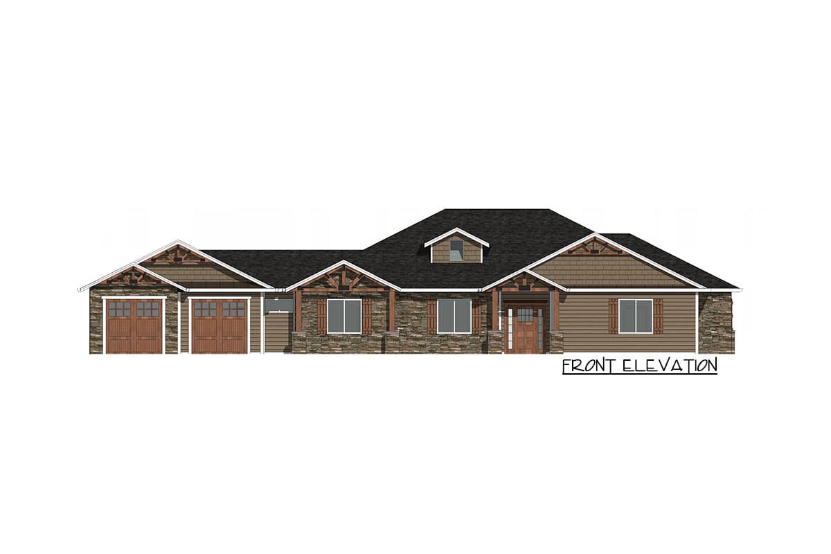 Front elevation house plan with stone accents, gable trim, dormer, and a three-car garage.