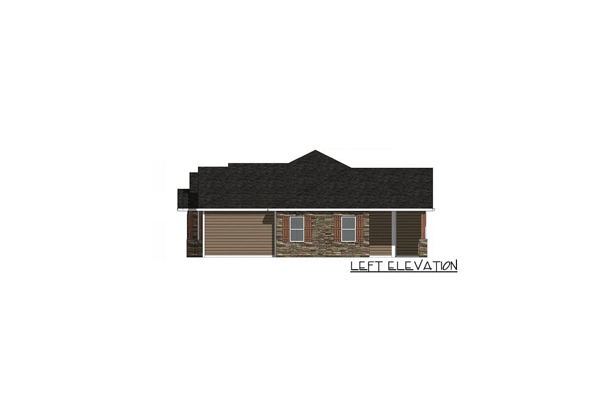 Left elevation house plan showing a single-story home with stone and horizontal siding, a garage, and a covered porch.