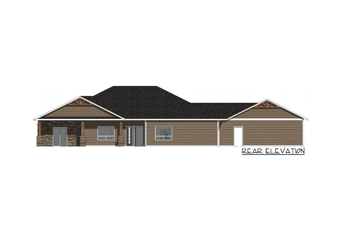 Rear elevation drawing of a one-story house with a covered entry, stone accents, horizontal siding, and gabled dormer.