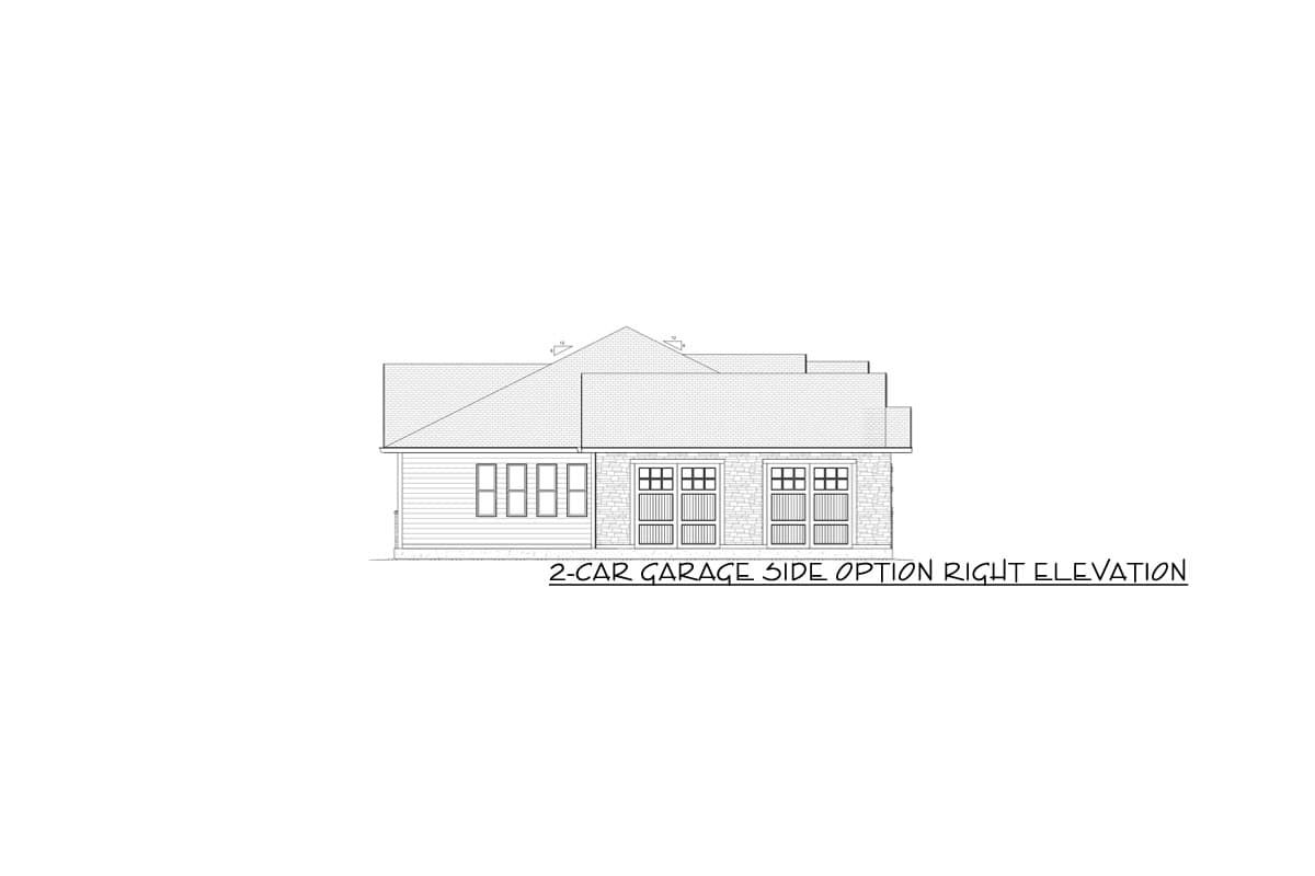 House plan elevation drawing of a 2-car garage side option with horizontal siding and stone exterior.
