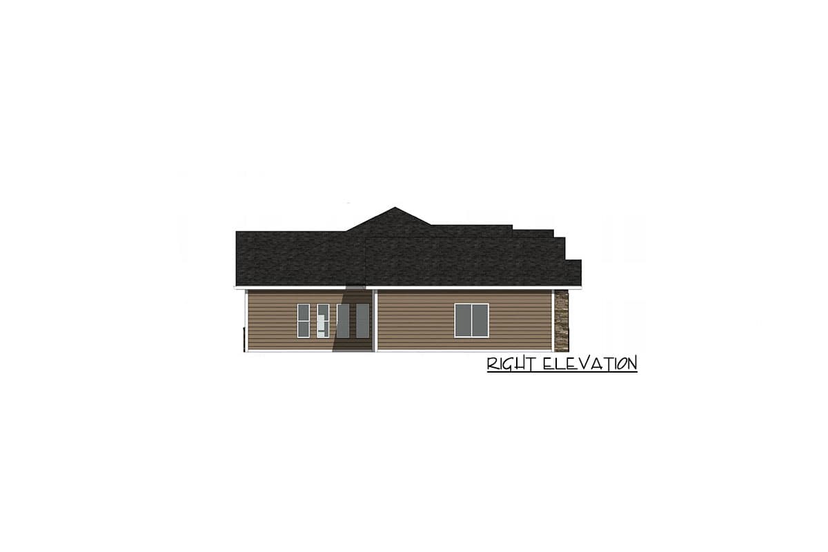 Right elevation of a house plan showing a single-story structure with a layered roof, horizontal siding, and stone accents.
