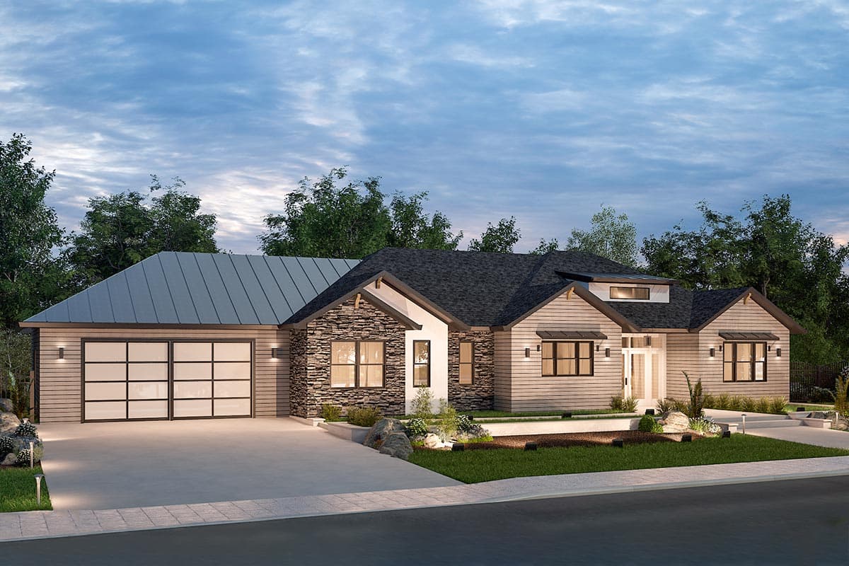 House plan exterior with stone veneer, gabled roof, and attached garage. Features include a modern farmhouse style and multiple window styles.
