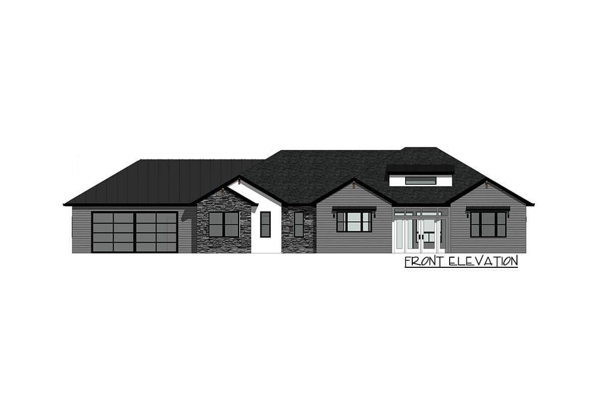 Front elevation of a single-story house plan with a dark metal roof, attached garage, stone accents, and a prominent front entry.
