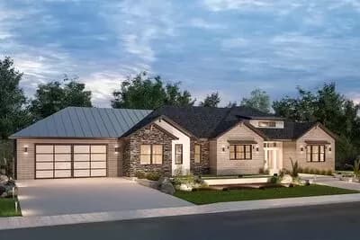 Contemporary Ranch House Plan with Exterior Stone Accents