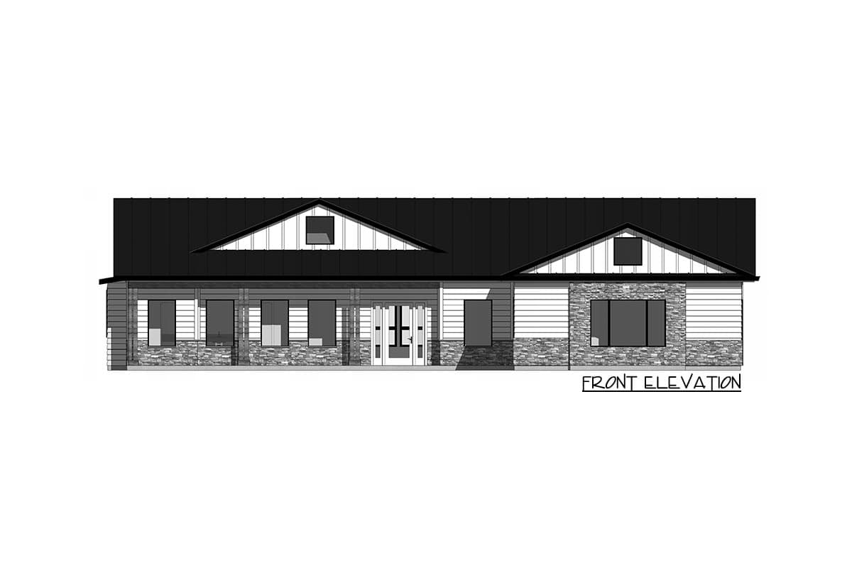 Front elevation house plan with covered porch, gables, horizontal siding, and stone accents.