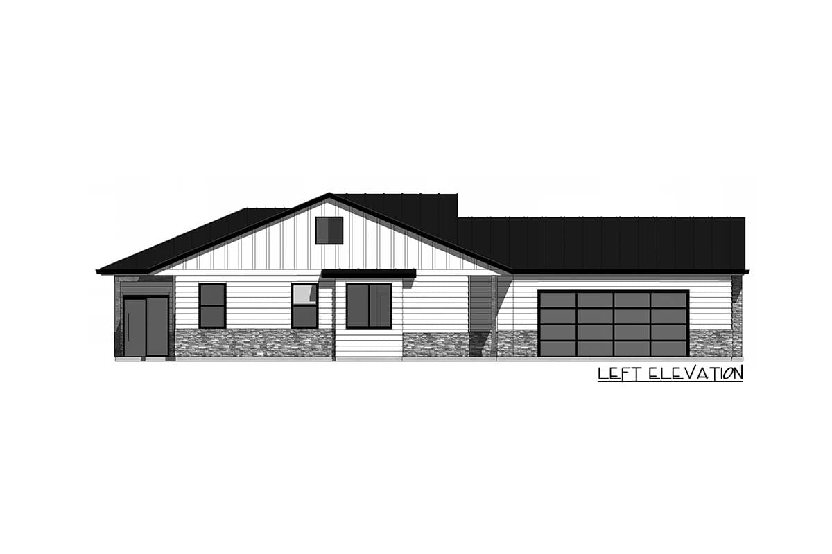 Left elevation drawing of a one-story house plan with a metal roof, board and batten siding, stone base, and attached garage.
