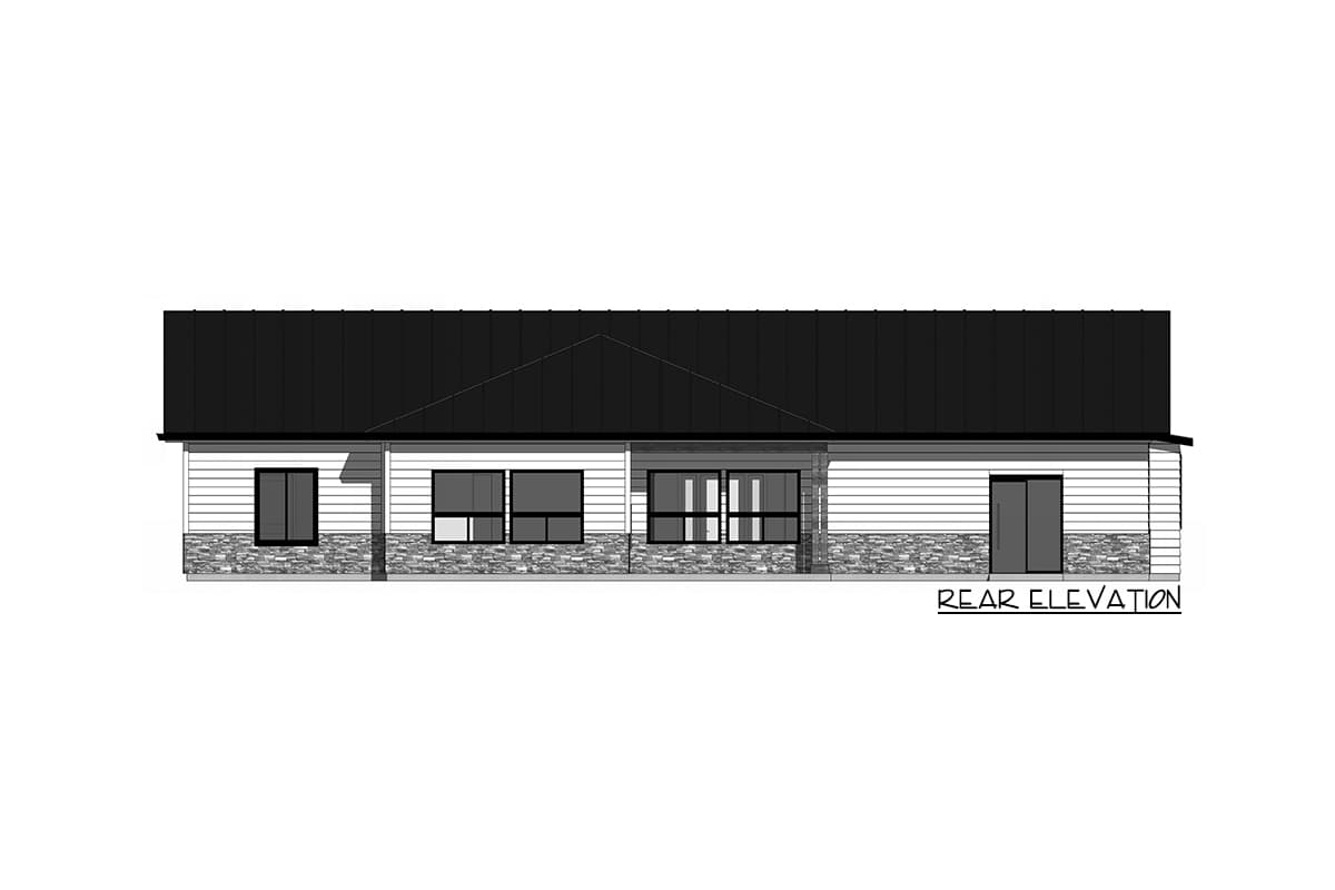 Rear elevation drawing of a single-story house plan with horizontal siding, stone wainscoting, multiple windows, and a double door.