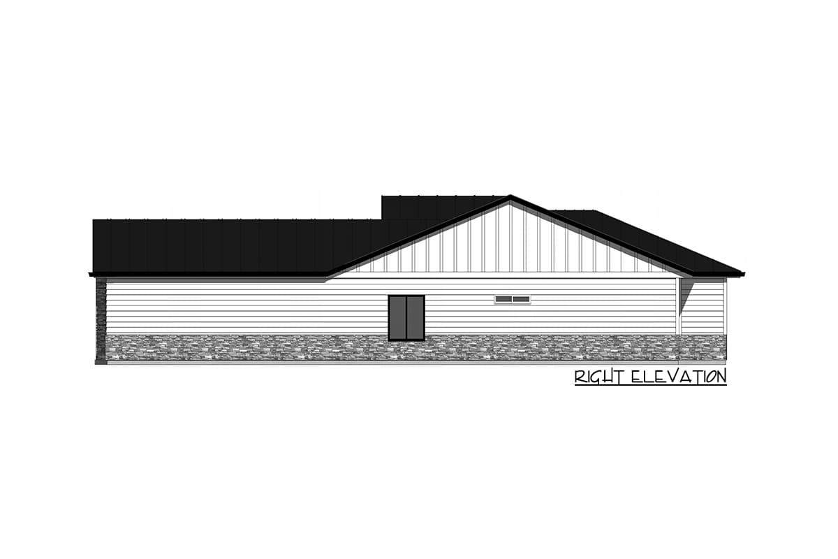 Right elevation of a single-story house plan with horizontal siding, stone base, metal roof, and gabled dormer.