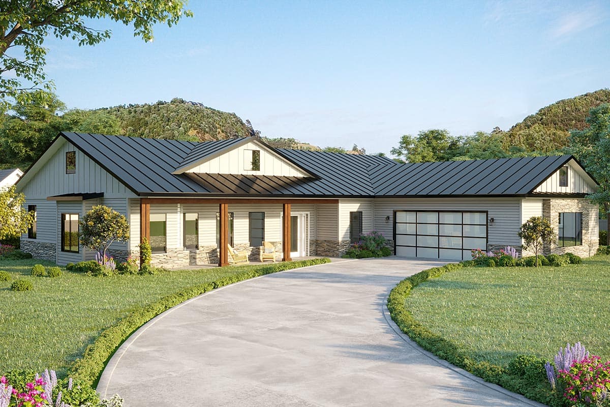 House plan exterior featuring a one-story, modern farmhouse style with a shed roof, a covered porch, and a side-entry garage.