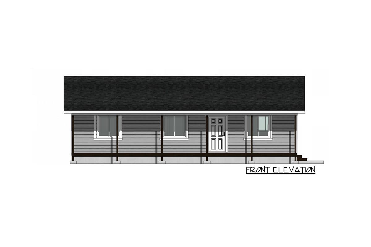Front elevation drawing of a single-story house plan with a covered porch, centered door, and multiple windows.