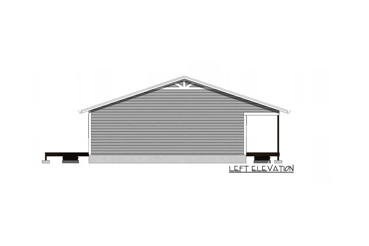 Left elevation drawing of a house plan with horizontal siding, a gable roof, covered porch, and deck.