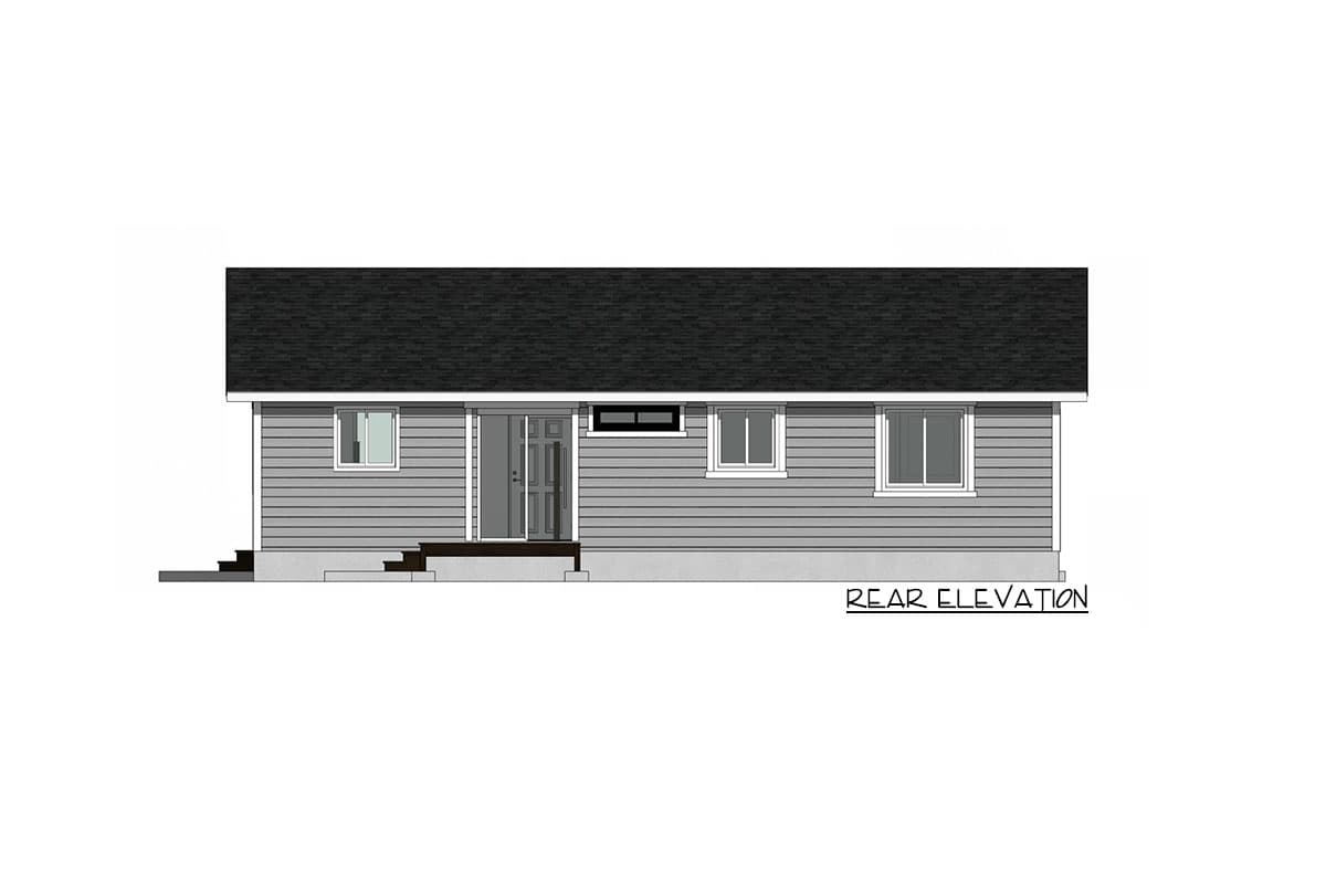 Rear elevation drawing of a single-story house with horizontal siding, a dark asphalt shingle roof, and multiple windows.