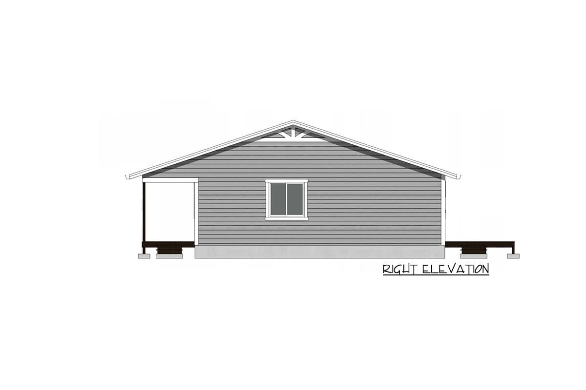 Right elevation of a house plan showing siding, a small porch, one window, and a gabled roof with decorative truss details.