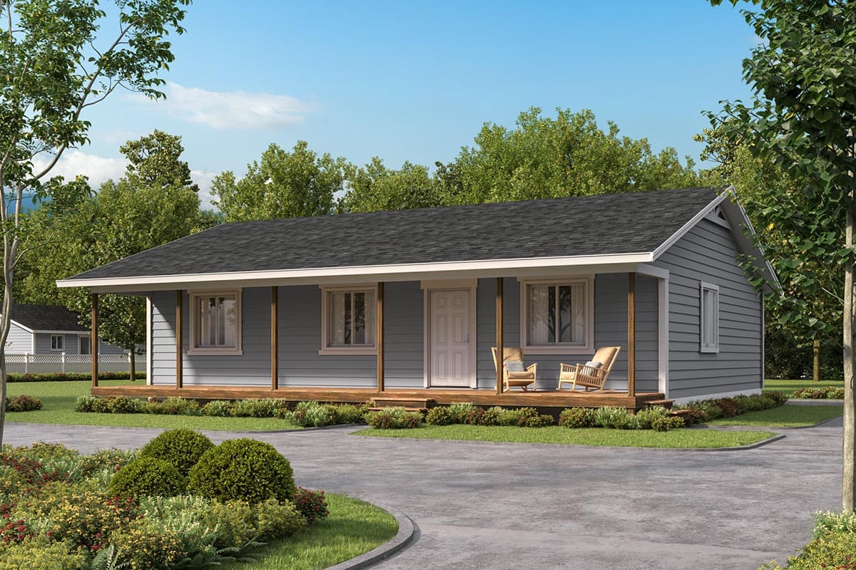 House plan exterior with Craftsman style. Features include a one-story structure, covered front porch, and gable roof. Two chairs on porch.