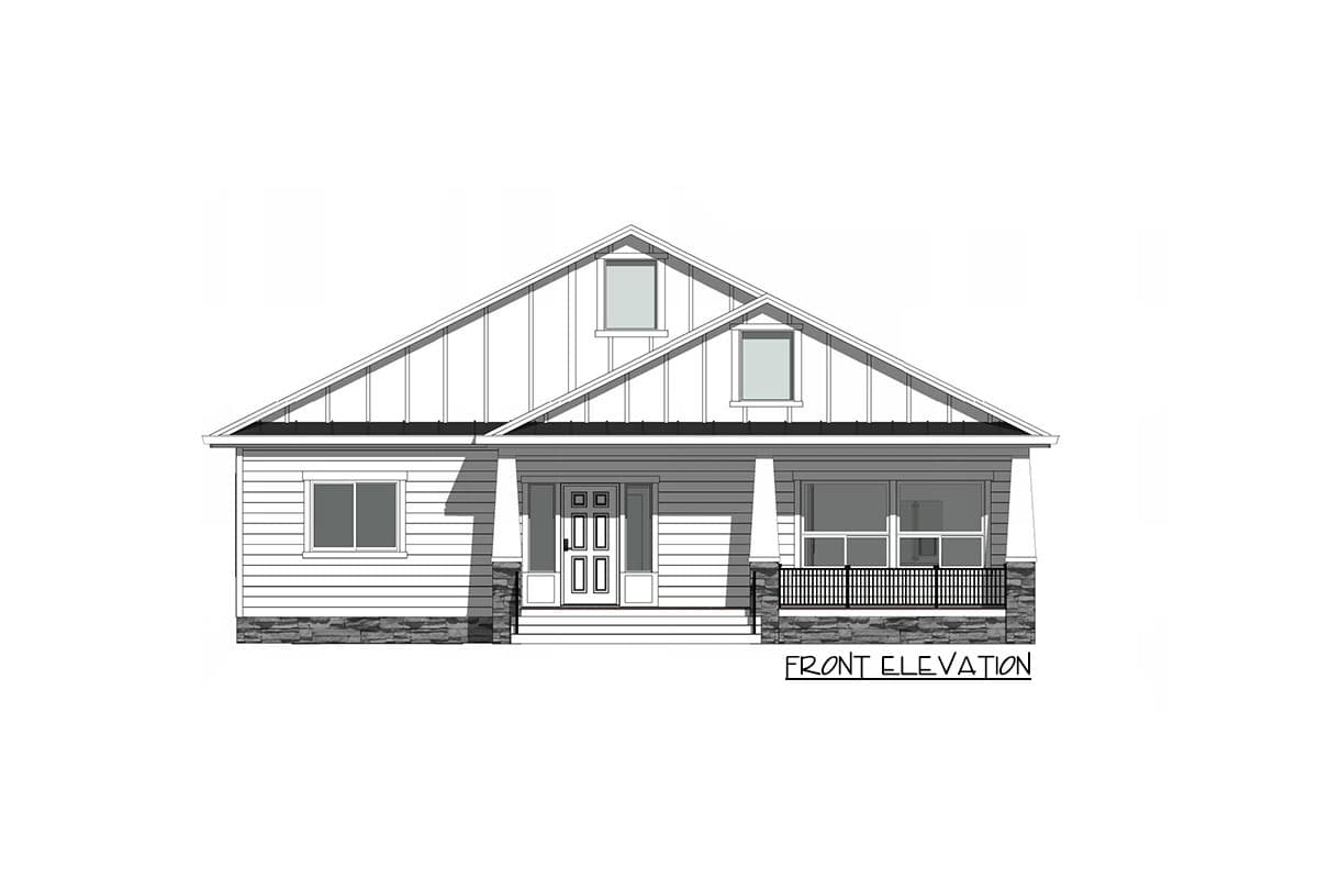 Front elevation drawing of a house plan with a covered porch, gables, dormers, and stone foundation.
