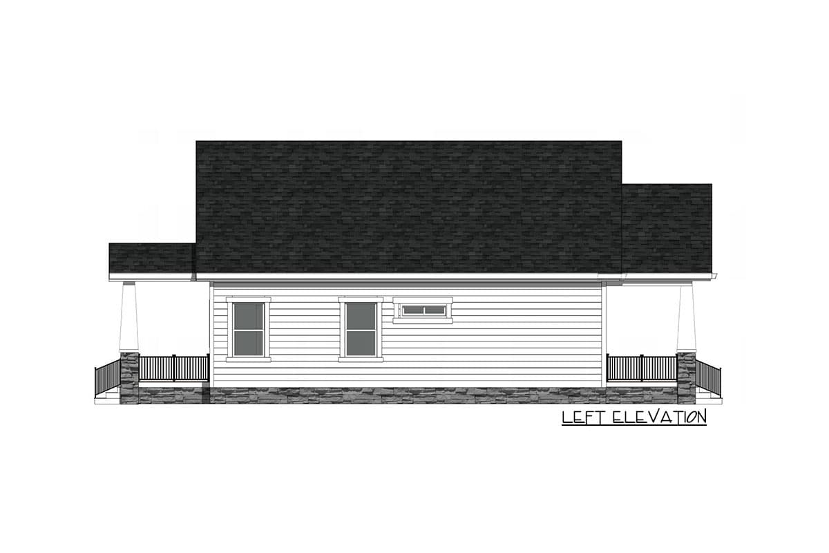 Left elevation drawing of a one-story house plan with a porch, lap siding, and stone foundation.